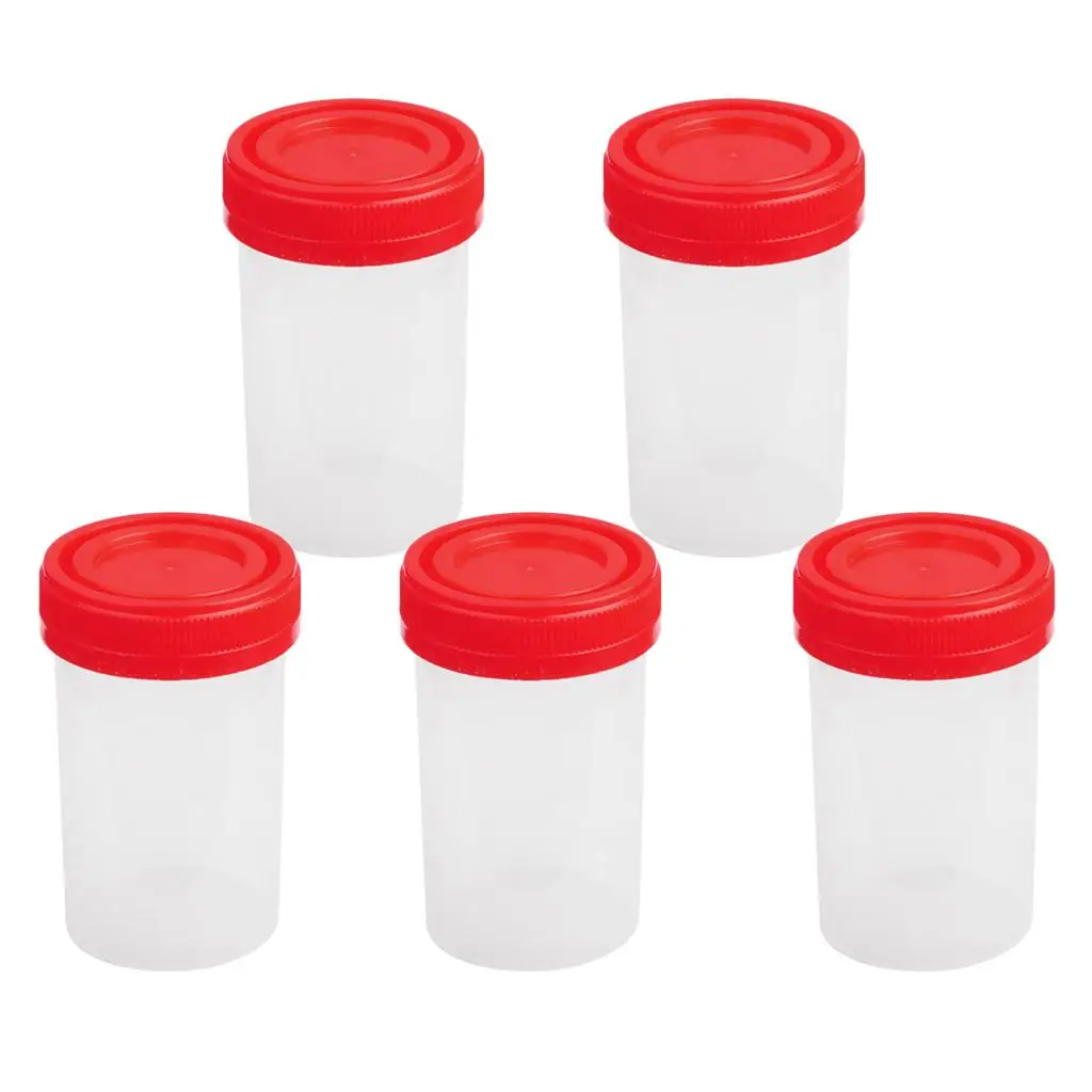 Pack of 5 Pieces Transparent Clear 60ml Measuring Cup Sterile Containers Bottles w/ Red Lid