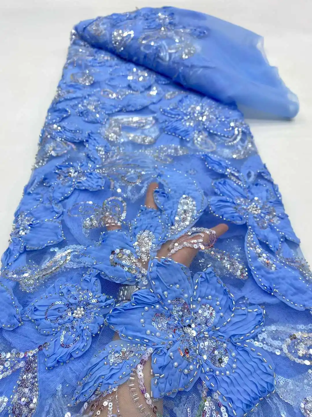 

2026 African 3D Flower Beads Lace Fabric High Quality French Nigerian Sequins Embroidery Tulle Fabric For Wedding Dress Sewing