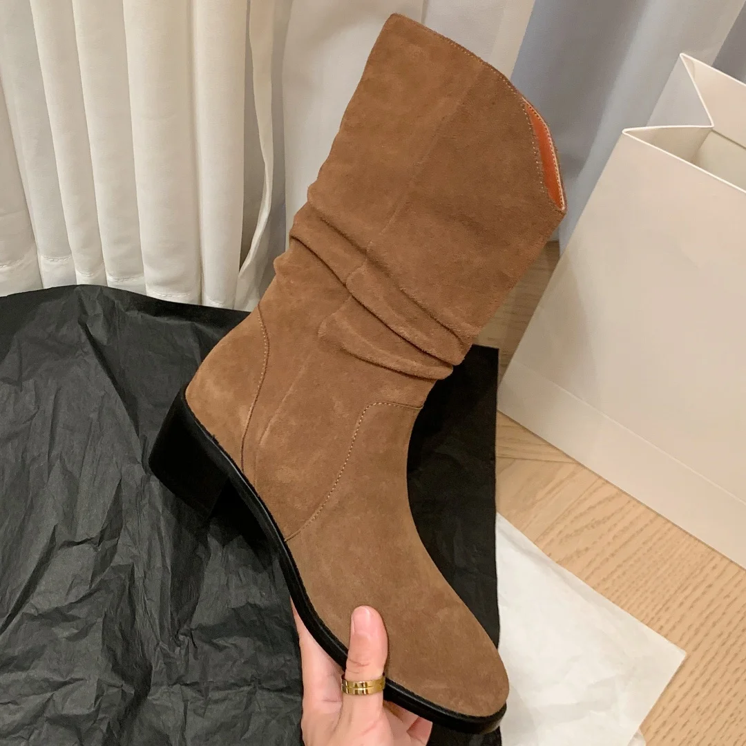 Women's natural suede leather pleated slip-on autumn mid-calf boots round toe casual female western half boots shoes for woman