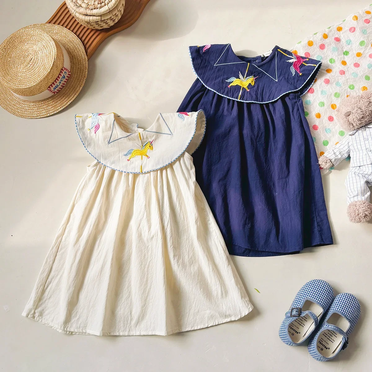 Girls Casual Dresses Lace-Trimmed Sundress with Smocked Bodice & Doll Neckline Princess Dress for Girls