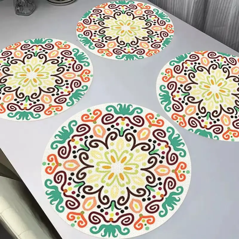 VIKAMA Retro Ethnic Style Mandala Round Linen Table Mat Insulation, Washable, Wear resistant Table Mat Table Decoration