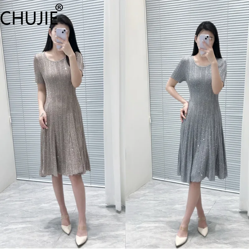 

CHUJIE 2025 Summer Fashion Knit Dress - Elegant Slim Fit Short Sleeve Round Neck Dress With Sequin Embellishment