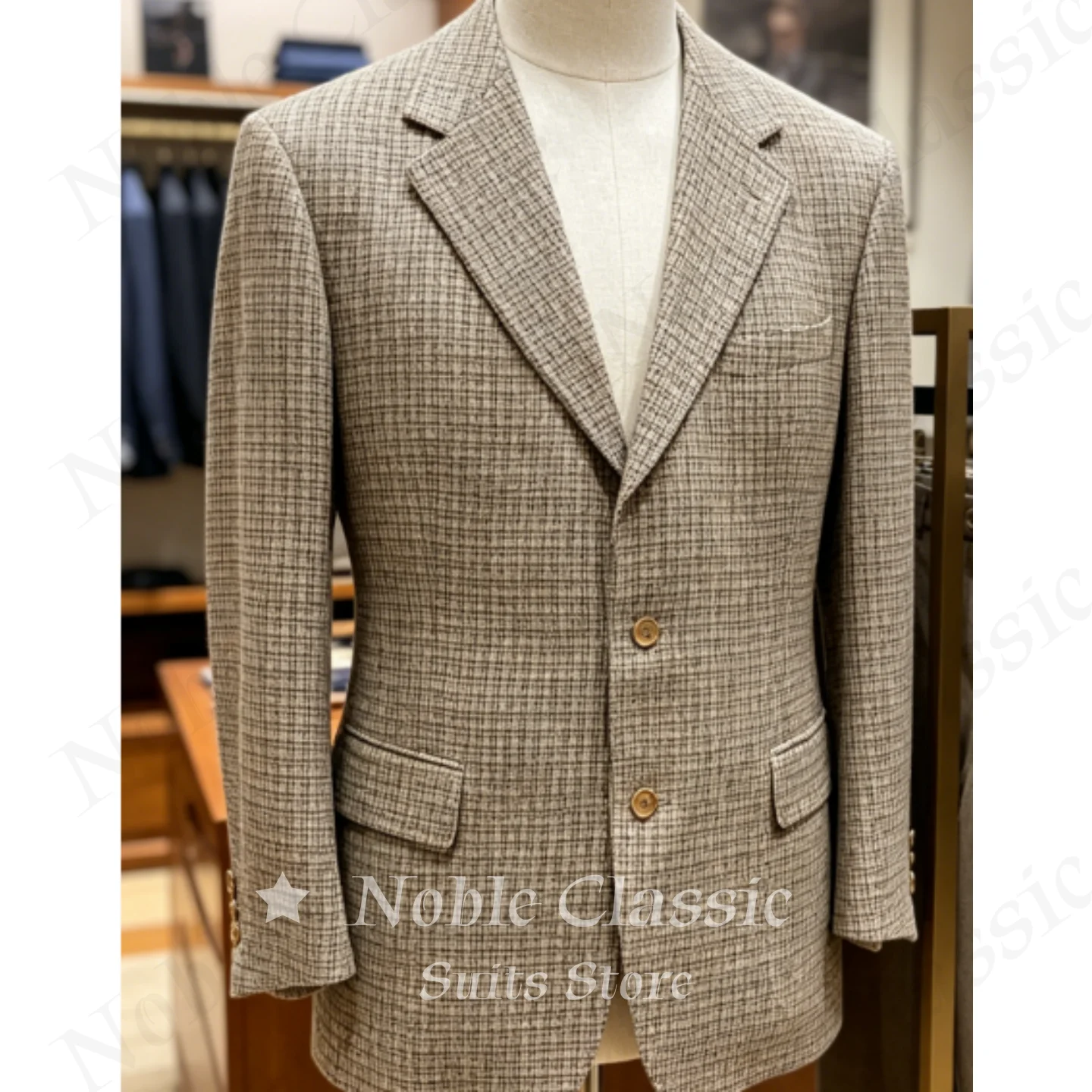 Men Vintage Brown Check Wool Blazer Jacket Slim Fit Notch Lapel Two Button Coat Weekend Outfit Business Casual Wear Customized