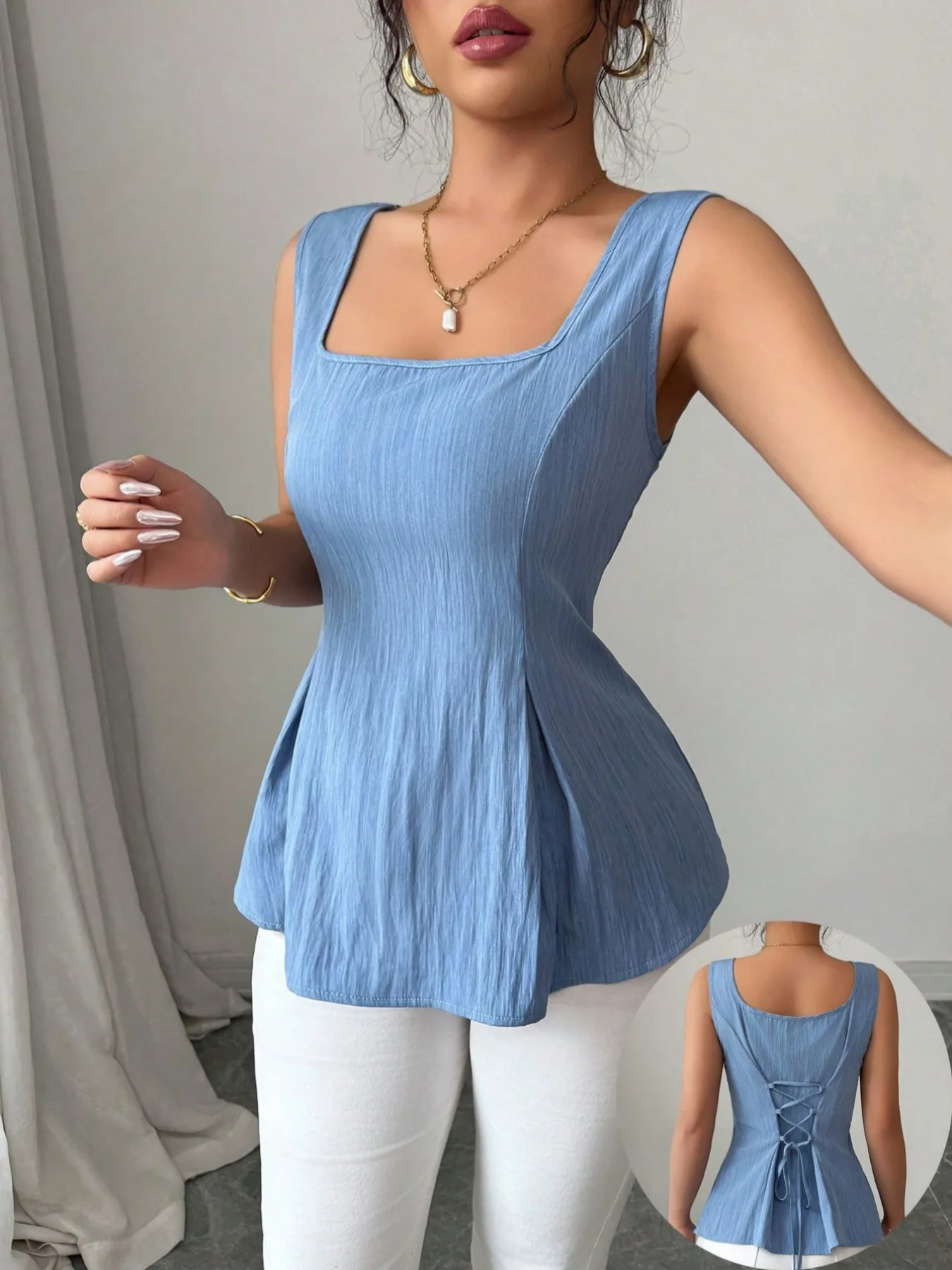 Moda de verano nuevo chaleco francés ajustado adelgazante con correa trasera sin mangas y cuello cuadrado