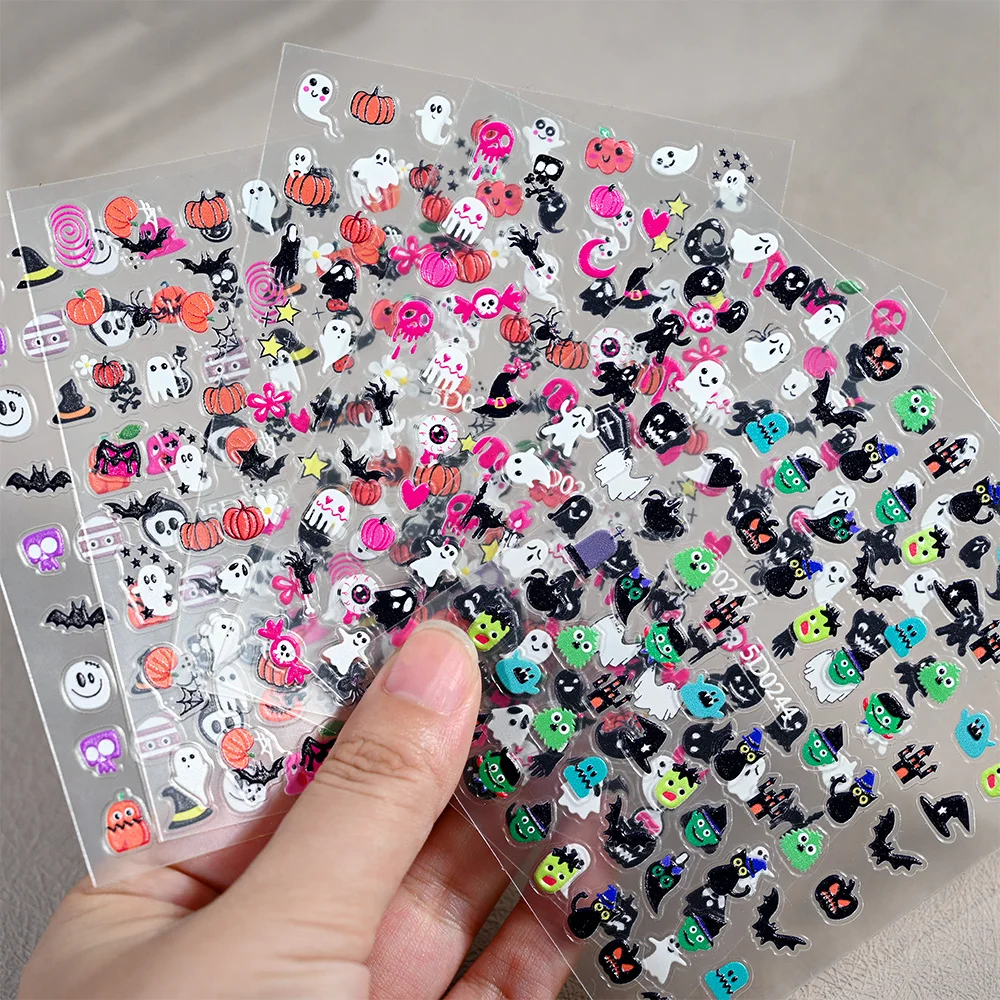 5D Embossed Relief Halloween Nail Stickers Decals Pumpkin Ghost Spider Web Nail Art Sliders Manicure Fingertips Wrap Decorations
