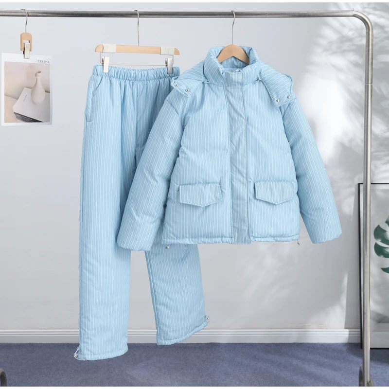 Elegant Printed Cotton Jacket Trouser Women's Set Hooded Thicken Zipper Coat Straight Pants Loose Lady 2026 Winter Autumn Suit