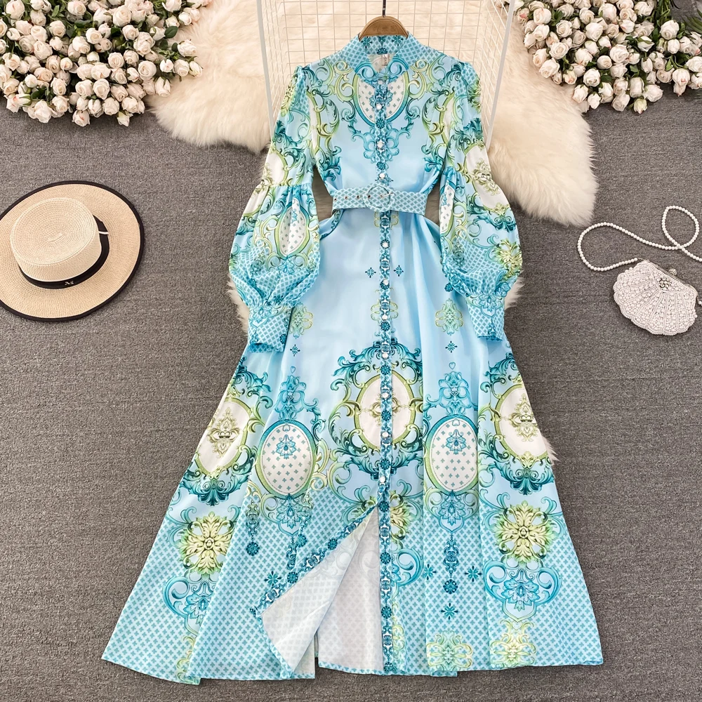 

Autumn Vintage Style Standing Neck Bubble Long Sleeve Waist Wrapped Single breasted Print A-line Dress Elegant Swing Long Dress