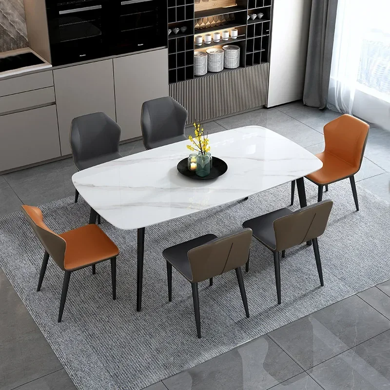 Hot Sale Modern Rectangular Dining Set Unique 6-Piece Wood and Black Table with Marble Leather chairs Dinning Table