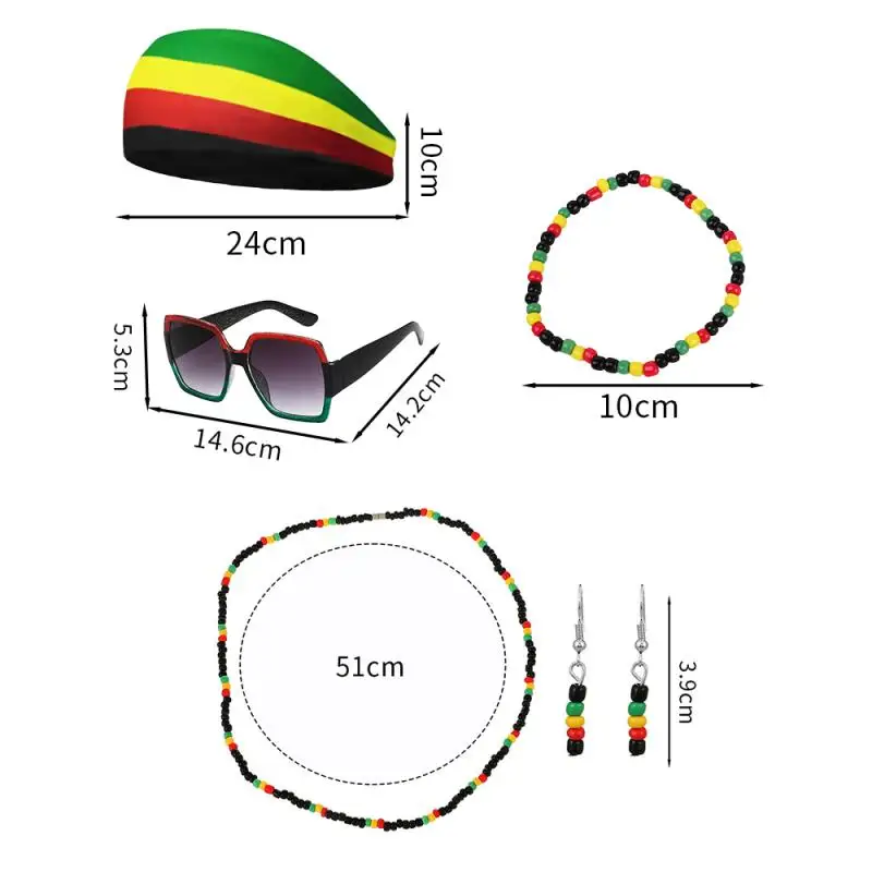 7 Jamaican Ladies Jewelry Set Rasta Headband Oversized Square Sunglasses Rasta Beaded Bracelet Is Suitable For Ladies And Girls