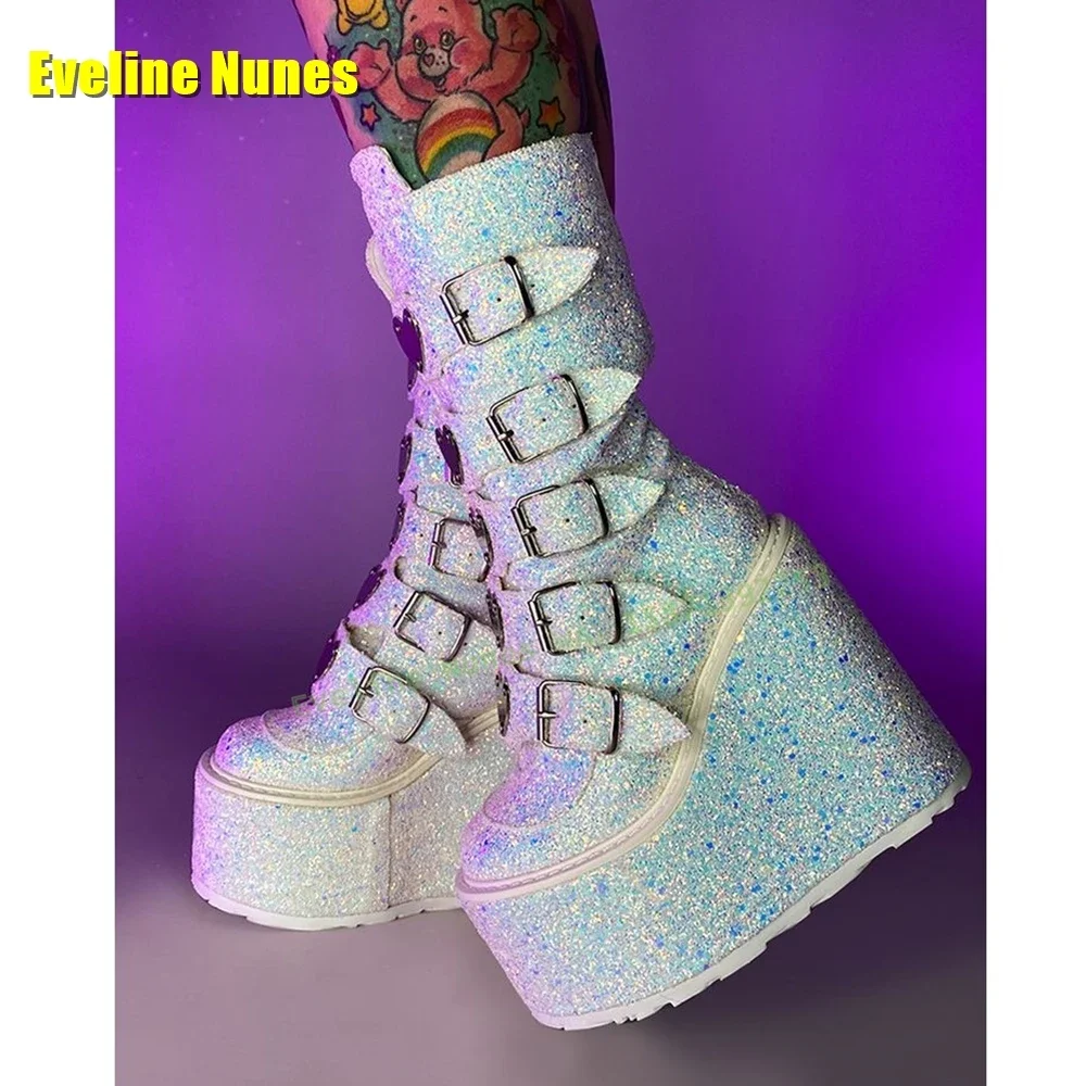 Love Metal Buckle Platform Mid Calf Boots Round Toe Wedges Belt Buckle Sequined Cloth Punk Modern Boots Spicy Girl 2025 Newest
