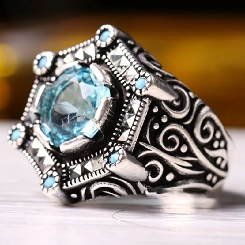 Vintage Turkish Signet Handmade Rings for Men Punk Metal Silver Color Inlaid Sea Blue Zircon Motor Biker Rings