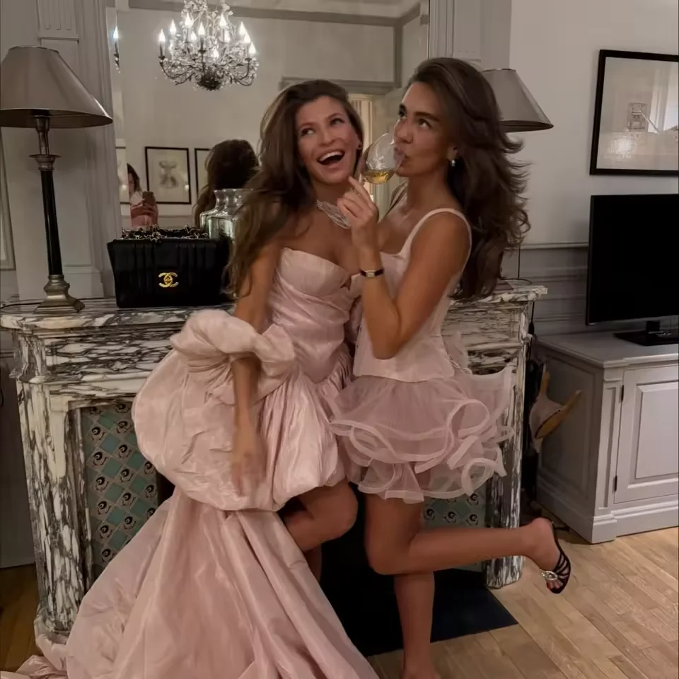 Customized Pink Sweetheart Short Birthday Party dress Strapless Puff Sleeve Mini Ball Gown Detachable Train Club Evening Dress