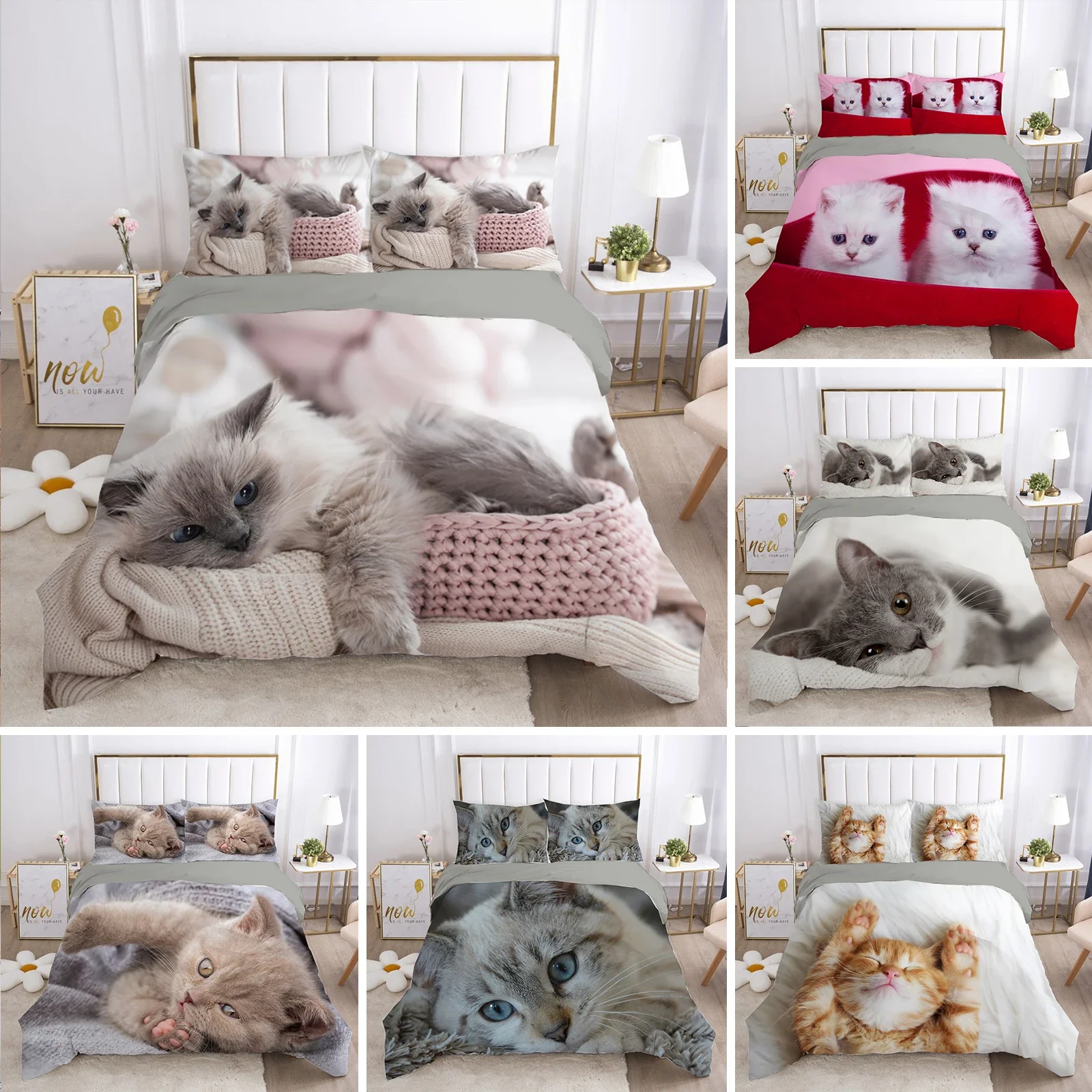 

Cat Duvet Cover Set Lovely Animal Kitten Printed Quilt Cover Kids Teens Girl Animal Double Queen King Size Polyester Bedding Set