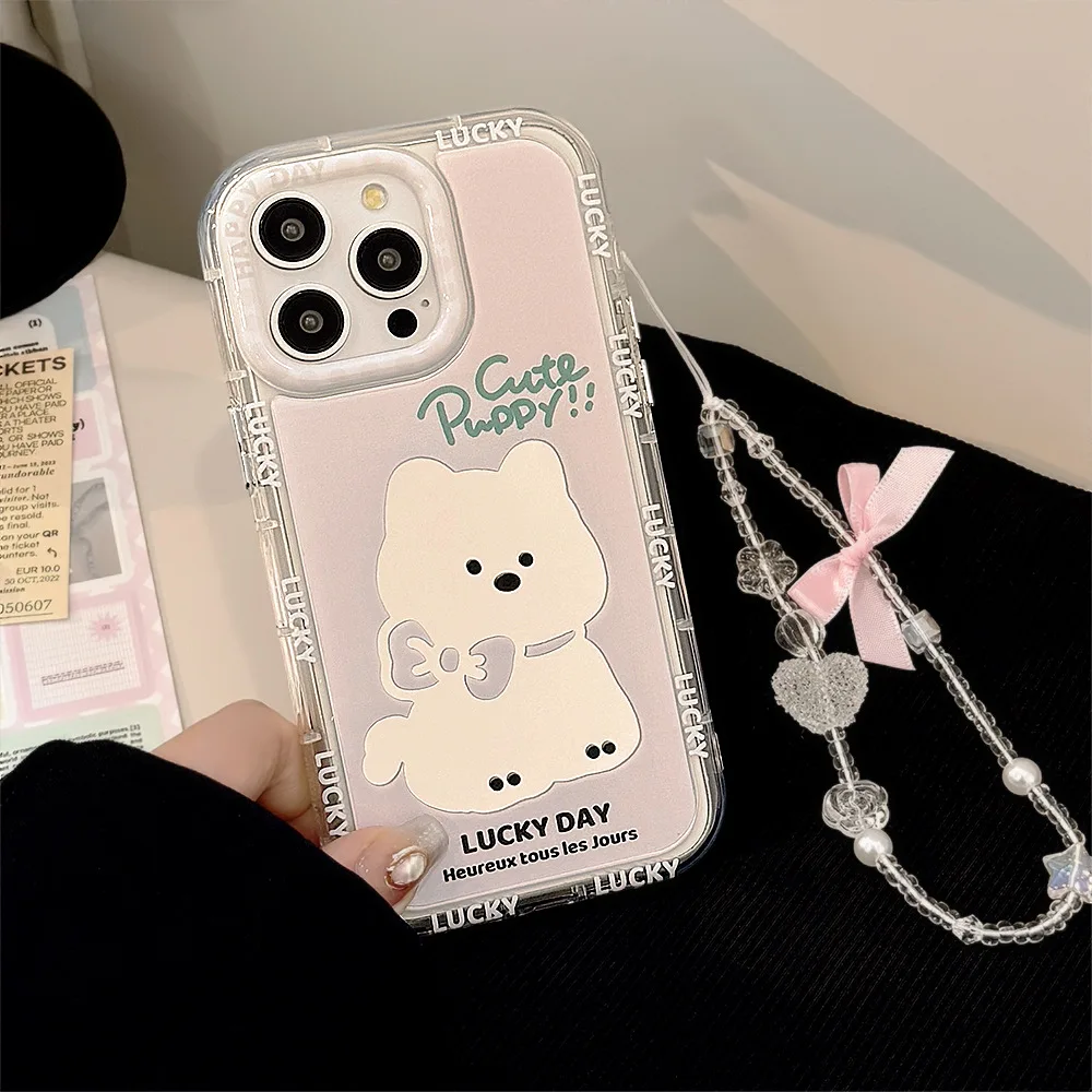 Mode Cartoon Welpen Make-Up Spiegel Mit Lanyard Telefon Fall Für iPhone 16 15 14 13 12 11 Pro max Xs max XR X Stoßfest Abdeckung