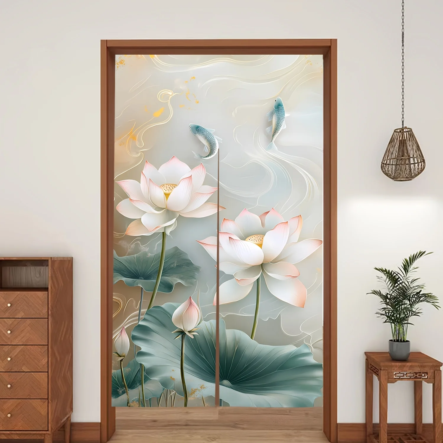 1pc New Chinese style lotus koi door curtain Chinese style fabric partition curtain home decoration