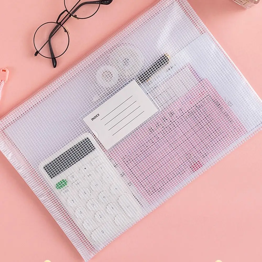 PVC A4 Mesh File Bag Thickened Transparent Information Bag Zipper Subject Sorting Document Storage Bag School Office Supplies