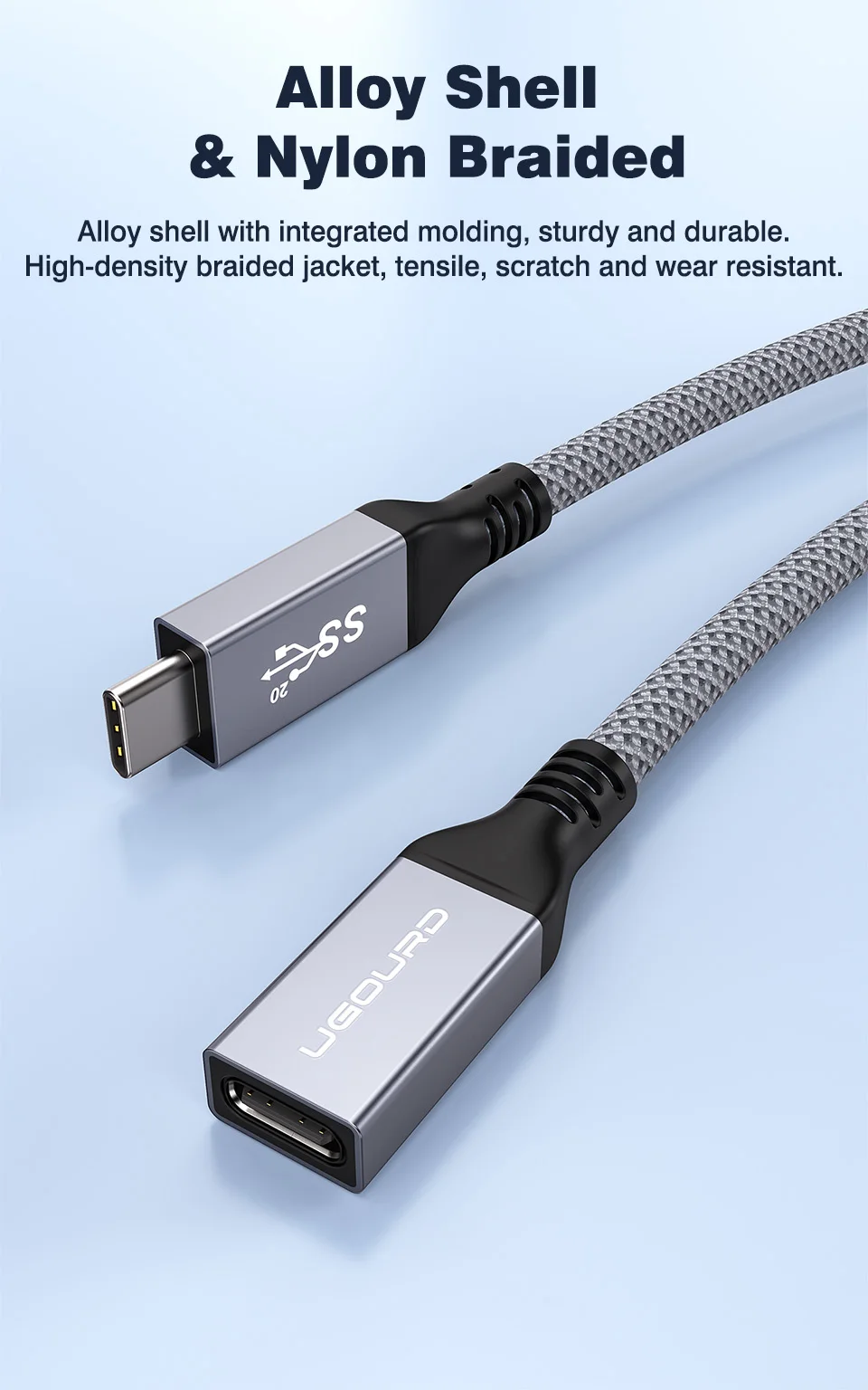 UGOURD Typ-C Verlängerungskabel 20Gbps USB3.2 Gen2 PD100W Schnellladung Vollfunktions-USB-C-Stecker auf -Buchse Geflochtenes Daten- und Videokabel – Detail 7
