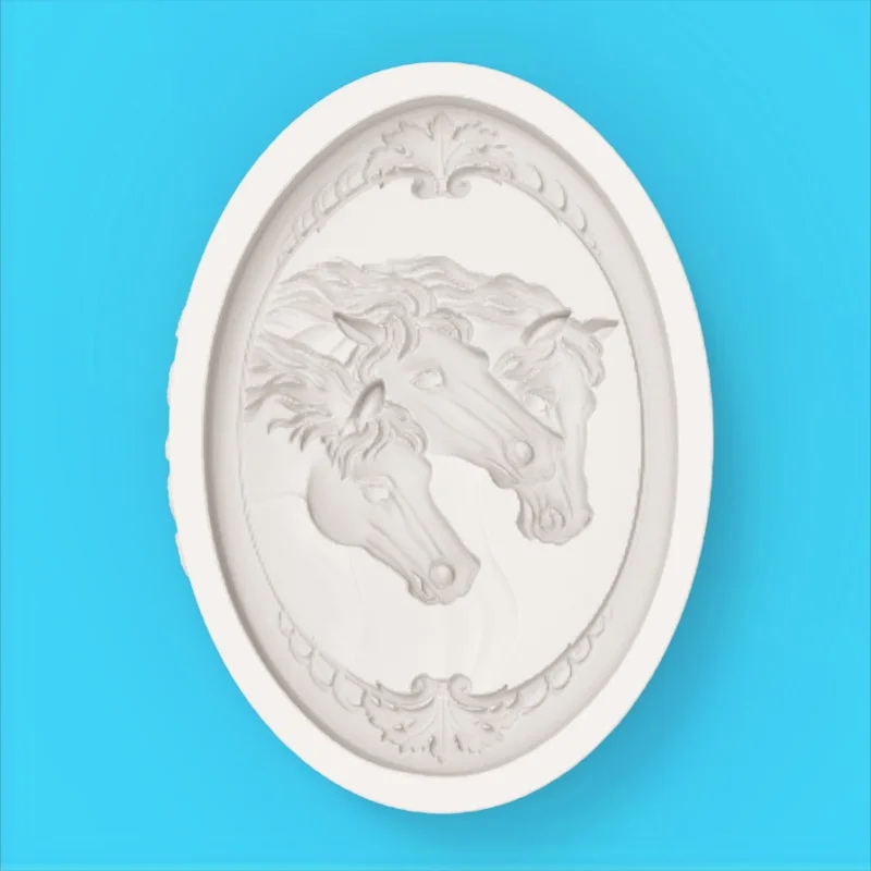 Horse Head Relief Oval Mold, Classical Scroll Pattern Border with Group of Horses Design, Silicone Mold for Fondant Chocolate Making - view 3
