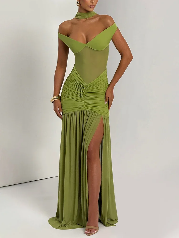 Off-shoulder Backless Sexy Maxi Dress Women Gown Halter Sleeveless Backless Thigh High Split Club Party Long Dress