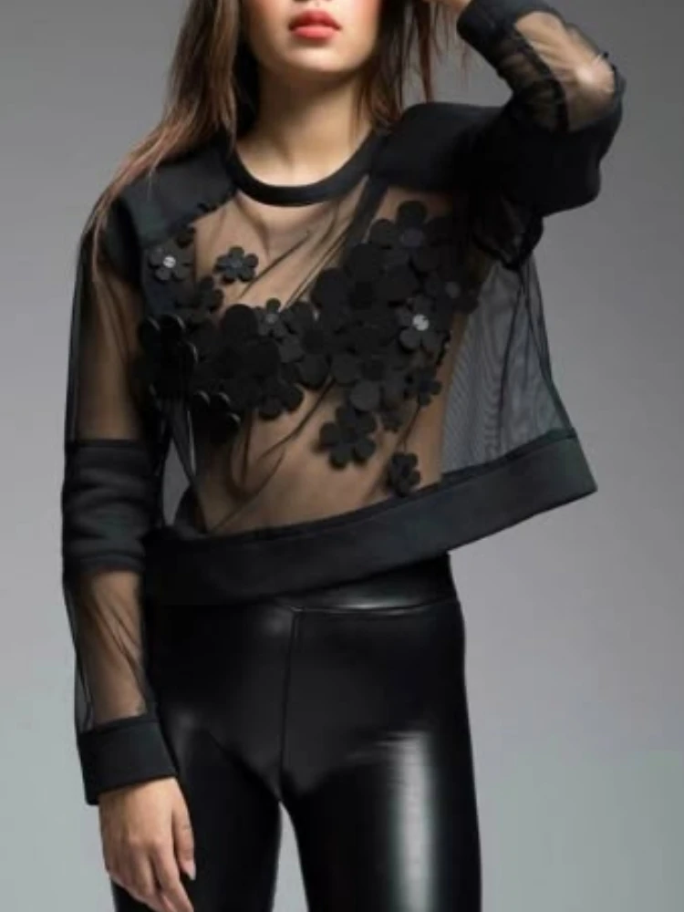 

Сексуальные сетчатые прозрачные рубашки, пуловеры, женские повседневные лоскутные рубашки с длинными рукавами и аппликацией Y2k, верхняя одежда, женская блузка, осень
