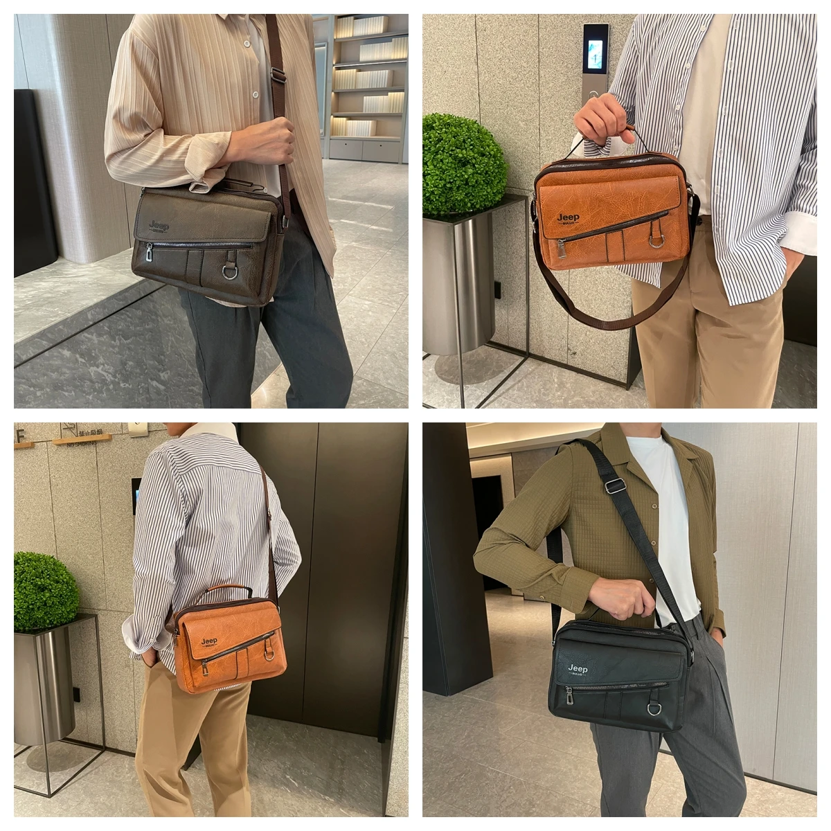 JEEP BULUO Men Shoulder Bags Crossbody Business Casual Brand Totes New Handbags Brown Work office Travel High Quality