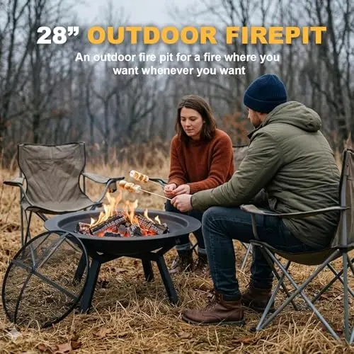 Outdoor Wood Burning Fire Pit, Heavy Duty Round Steel Fire Bowl for Backyard, Patio, Camping, Bonfire, Black Finish
