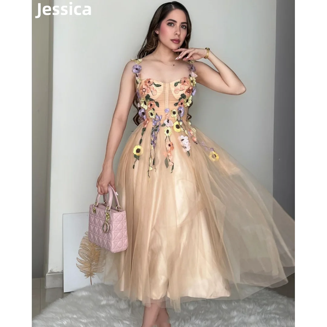 

Jessica Champagne Prom Dresses Sweet Embroidery Flowers Evening Dresses Wedding Dress Formal Party Dresses Vestidos De Noche