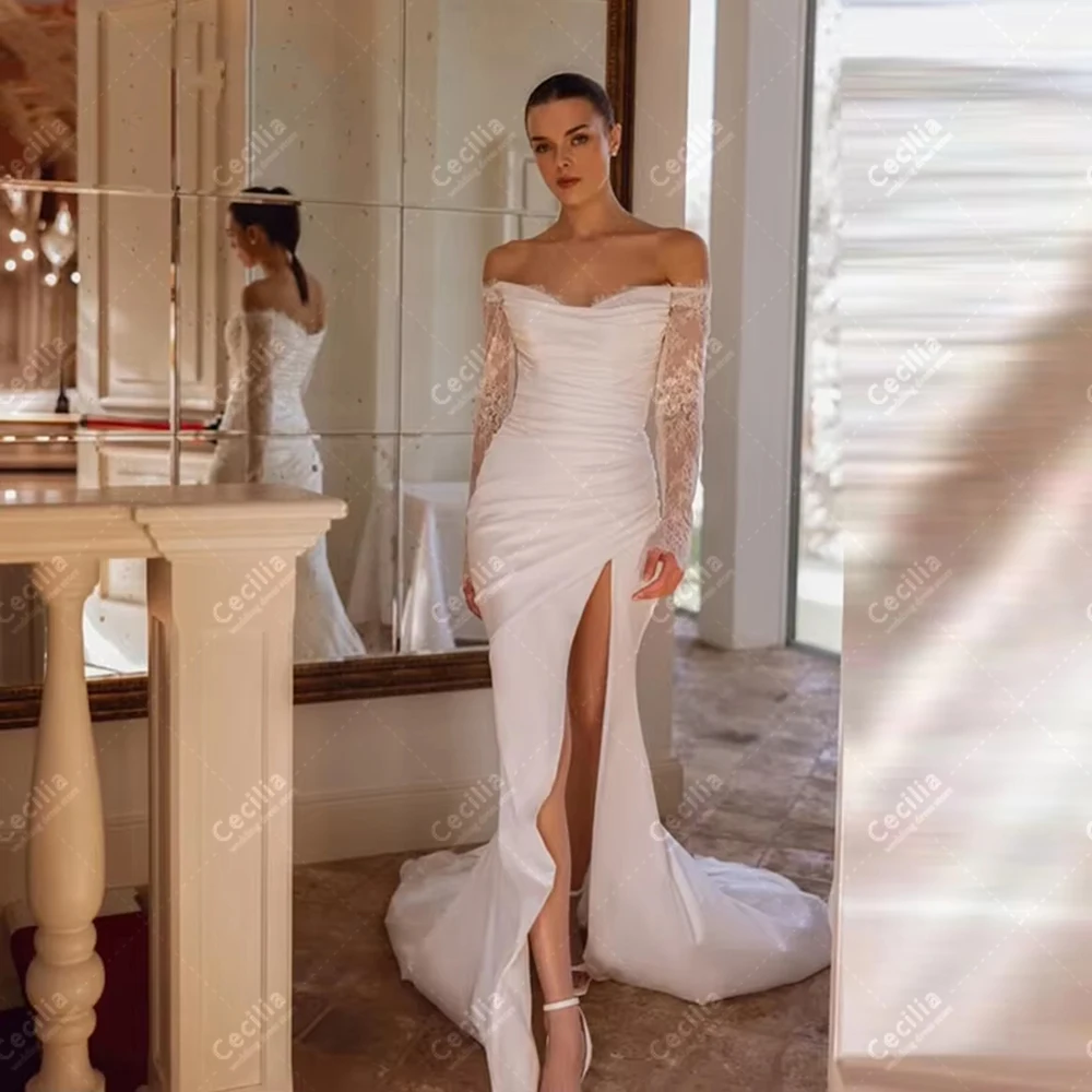 

Гламурные свадебные платья из атласа, свадебные платья с открытыми плечами, сексуальные платья с высоким разрезом для торжественных мероприятий, индивидуальный пошив Vestidos De Novia