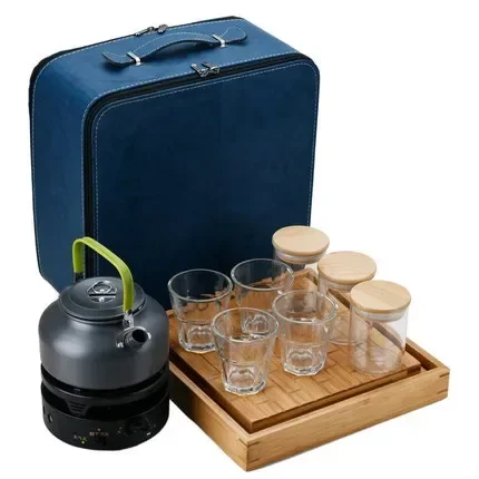 Traveling Outdoor Chinese Kung Fu Tea Set Small Set Leather Bags Home Storage Teacups Tea Tray with Stove for Boiling Water