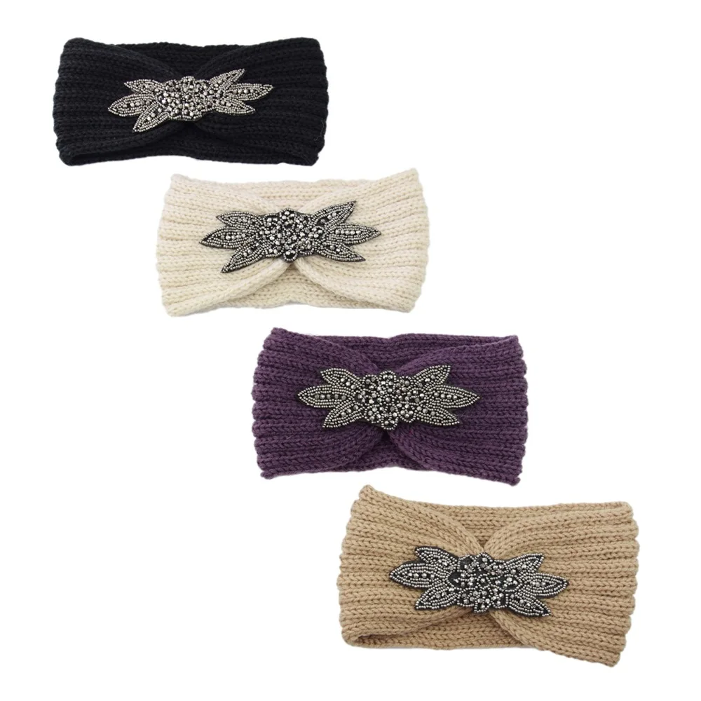 Edelstein-Stirnbänder, elastisch, Ohrenwärmer, gestrickt, Kopfbedeckung, Turban, breite Krempe, Kopfbedeckung für Damen und Mädchen, Wintermode, Haar-Accessoires – Detail 5