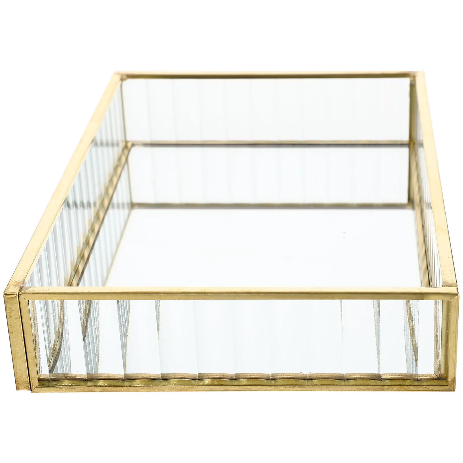 

Glass Mirror Jewelry Tray Striped Pattern Alloy Frame Decorative Ring Dish Earring Holder Lipstick Plate Key Storage Tray