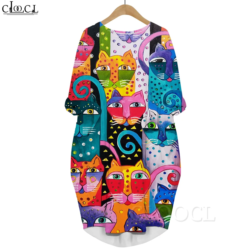 CLOOCL Cat Painting 3D Printed Harajuku Pocket Dress Loose Casual Summer Women Clothing Long Sleeve Vestidos De Fiesta