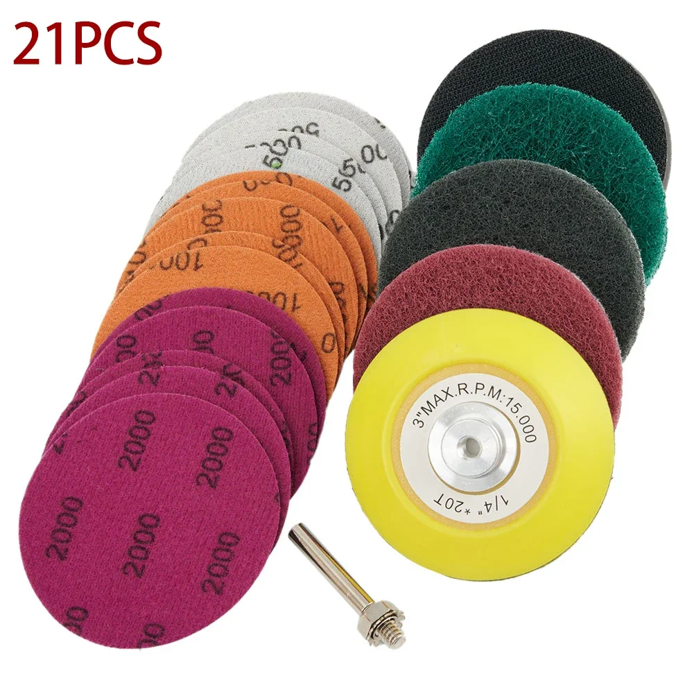 21 Pcs 3 Inch Car Headlight Restoration Kit Sanding Discs With Backing Pad, Scouring Pads Wool Buffing Sponge Polishing Pads