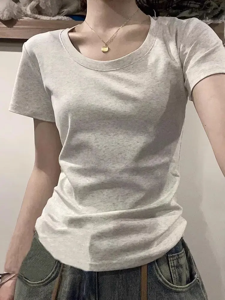 

Pure cotton V-neck shoulder short sleeved T-shirt for women in the summer of 2025basic style with inner lining college style top
