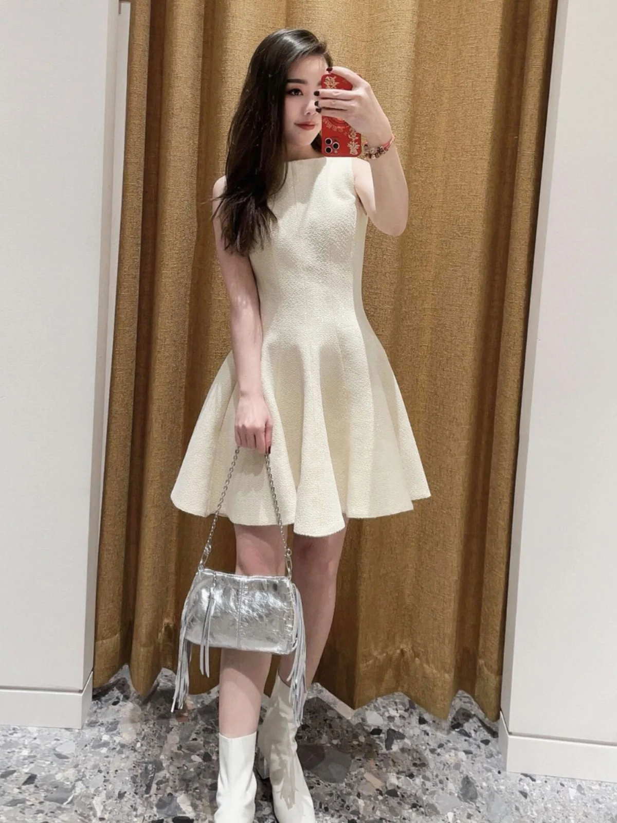 فستان نسائي راقي من M Home Nan You، مصنوع من التويد الخشن، بخصر قصير، أنيق ومناسب للتنقلات، بلون واحد، وخصر مرتفع.