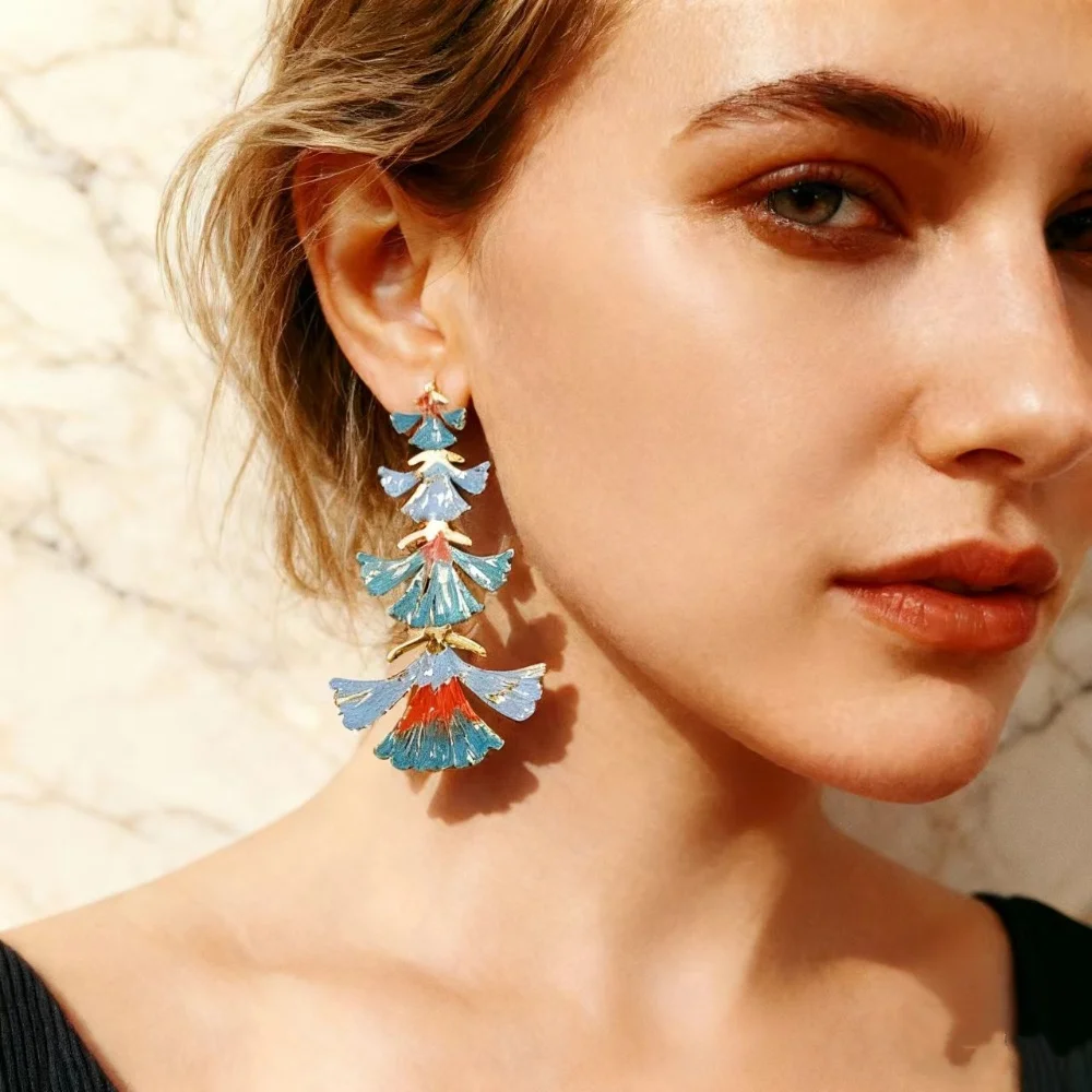 

Bohemian Vintage Ginkgo Leaf Drop Earrings Colorful Layered Statement Dangle Earrings for Women Party Daily Wear Gift