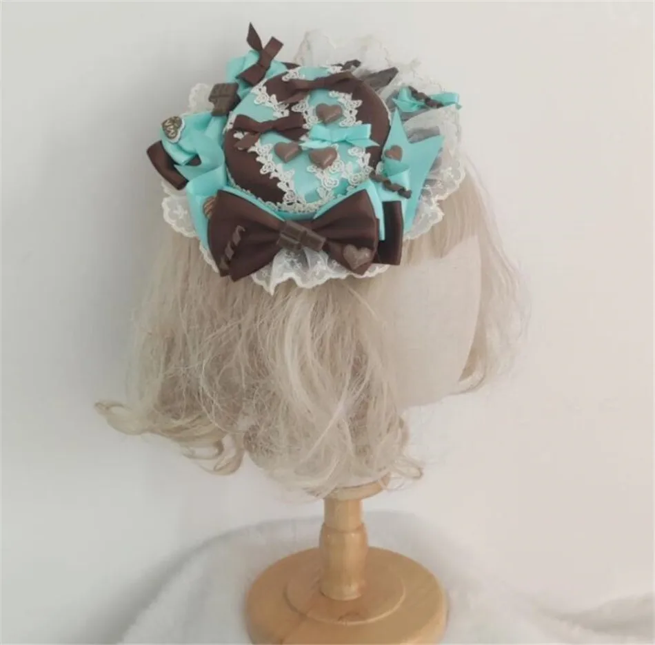 Handmade Mint Brown Chocolate Hat Clip Lolita Hairpin Bowknot Women Halloween Cosplay Girl Headwear Accessories B2576