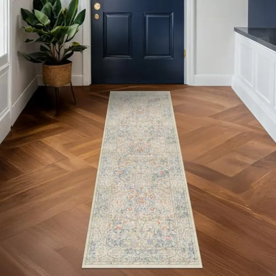 

Vintage Beige Blue 3x12 Runner Rug for Hallway Kitchen Bathroom Entryway Indoor Washable Non Slip Rubber Backing Stain Resistan