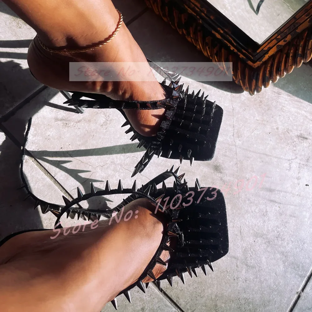 Square Toe Studded Sandals Women Sexy Rivets Buckle Strap Suede Closed Toe 6CM Heels Sandals Ladies Party Nightclub Punk Shoes