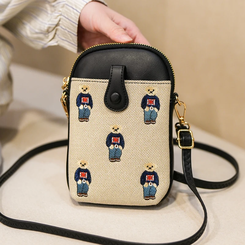 simple embroidery bear mobile phone bag female mini,fashion shoulder bag,trend mobile phone bag for women,casual crossbody bag