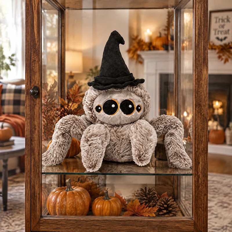 35cm Halloween Spider Plush Toy - Cute Jumping Spider Stuffed Animal with Wizard Hat Soft Fluffy Kids' Holiday Gift