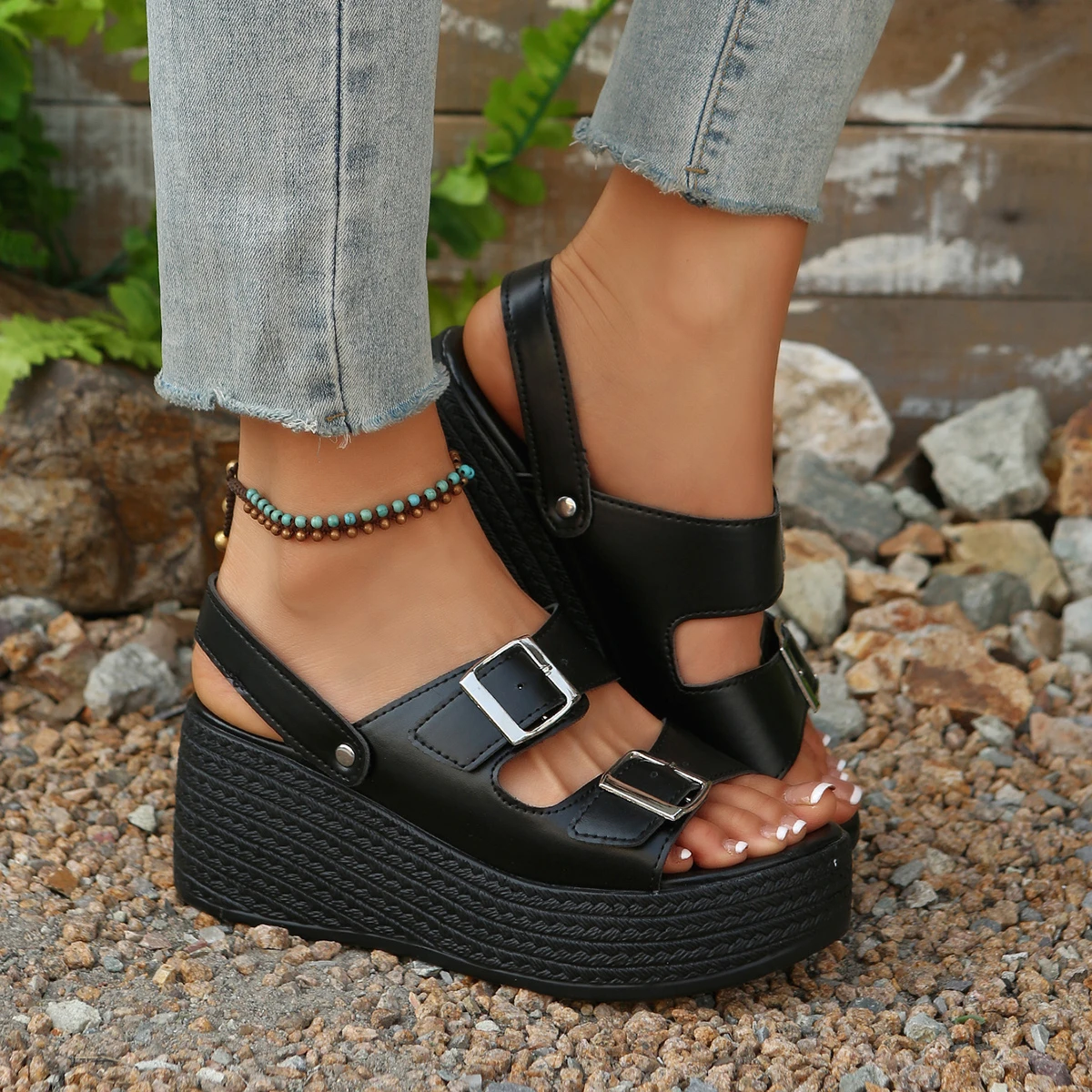 Open-toe Slope Sandals Leather Platforms Roman Shoes New Summer Fashion Lightweight Thick Sole Non-slip High Heels Women's Shoes