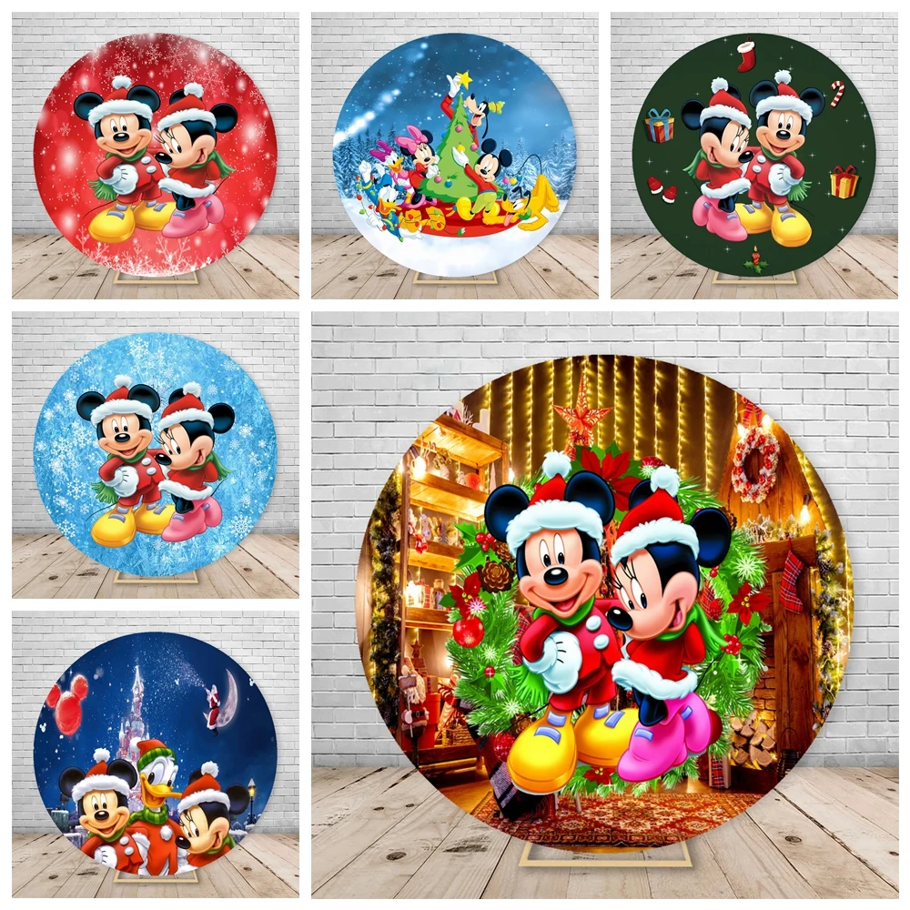 Christmas Backdrop Mickey Mouse Red Merry Christmas Round Background Cover Baby 1st Christmas Ornament Circle Backdrops Props