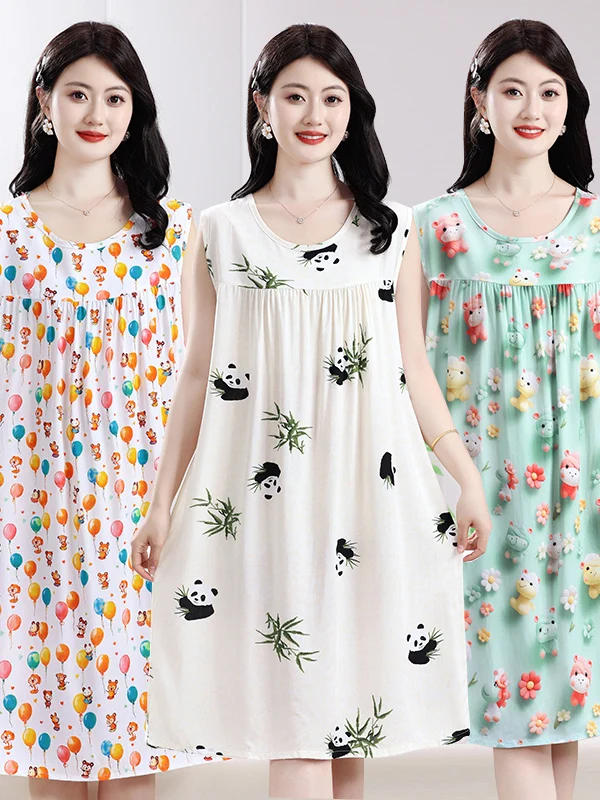 

2025 New Women's Spwear Cotton Silk Nightgown round Ne Mid-Length Svel Dr Artificial Cotton Home Clothes