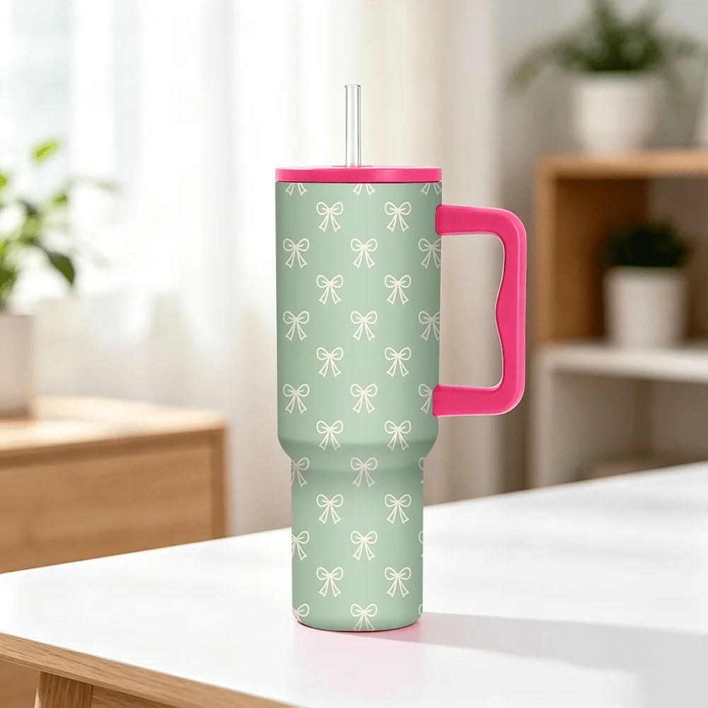 40Oz Minimalist White Small Bow Ditsy Pattern Soft Sage Green Base Full Print Tumbler, Insulated Travel Cup with Handle Lid And Metal Straw, Easy Coquette Cute Ribbon Pastel Themed Daily Beverage Mug