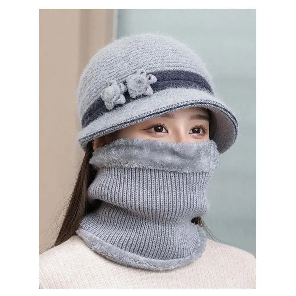 Outdoor Elderly Middle Aged Winter Beanie Hat Scarf Warm Fleece Lining Knit Bucket Hat Windproof Neck Warmer for Women