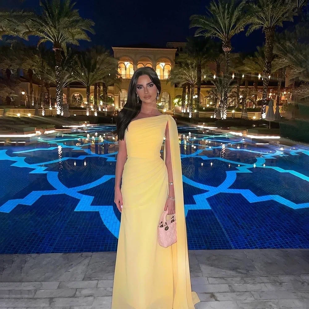 

Yellow One Shoulder Prom Dress Customized Pleated Chiffon Long Sleeves Evening Dresses Mermaid Floor Length Formal Party Gowns