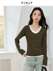 VIMLY Women's U Neck Long Sleeve False Two-Piece Office Lady T-Shirt Autumn Winter Simple Casual Skinny Slim Basic Blouse Top