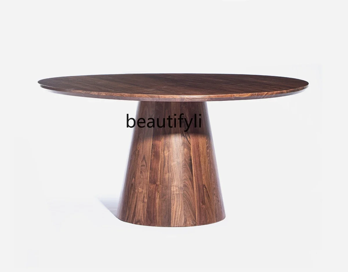 

Black walnut round dining table All solid wood home modern simple light luxury round table with turntable