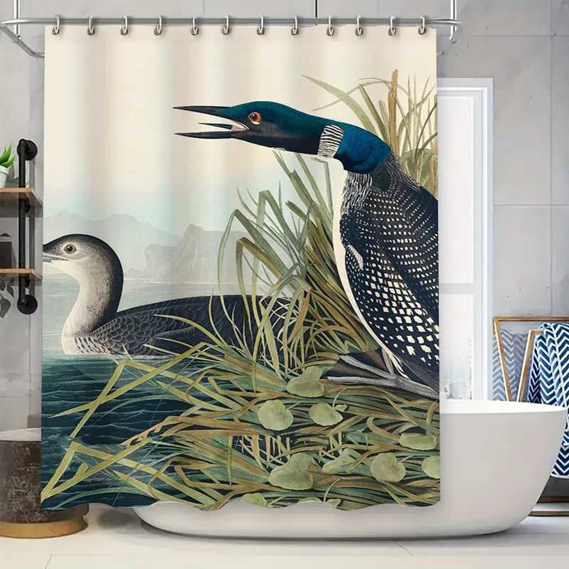 

Nature Inspired Bath Shower Curtain Waterproof Decorative Waterfowl Print Bathroom Accessories Green Grassland Bird Pattern Show
